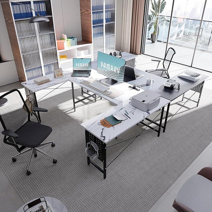 Pamray 71 Inch Large Computer Desk with Power Outlets,U Shaped Corner Desk for Home Office Work and Gaming Marble