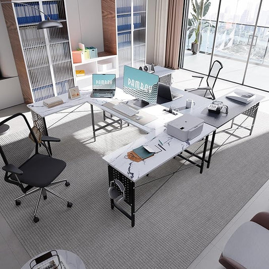Pamray 71 Inch Large Computer Desk with Power Outlets,U Shaped Corner Desk for Home Office Work and Gaming Marble