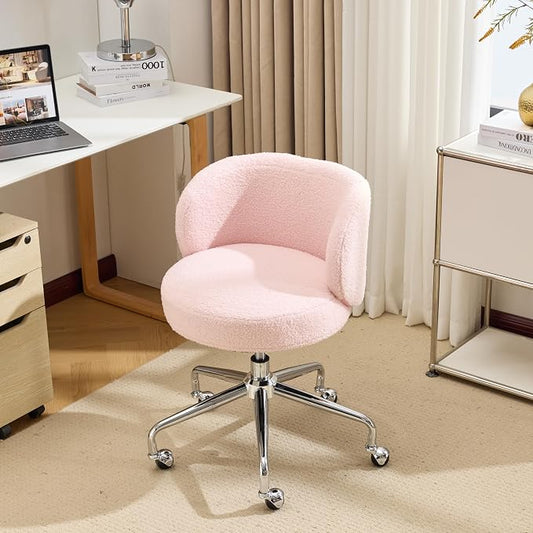 VINGLI Cute Small Swivel Desk Chair Comfy with Wheels,Ergonomic Low-Back Lumbar Support Vanity Nail Tech Rolling Task Stool Girls Women Kids Chair for Home Office,Height Adjustable,Teddy Fleece,Pink