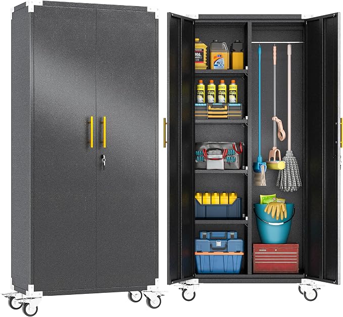 erosoei 71" Broom Storage Cabinet, Cleaning Tool Storage Cabinet, Garage Utility Storage with Hooks and Hanging Rods, Heavy Duty Garden Tool Organizer, for Home, Garage, Laundry Room, Gym, Workshop.