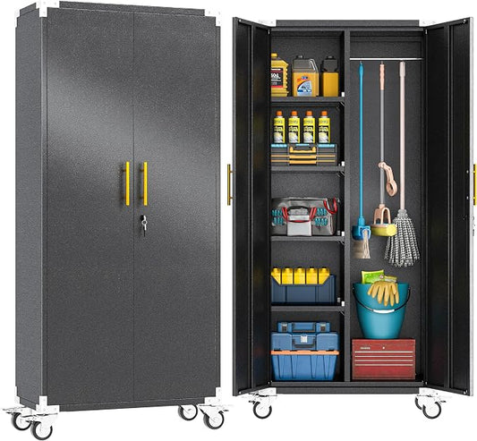 erosoei 71" Broom Storage Cabinet, Cleaning Tool Storage Cabinet, Garage Utility Storage with Hooks and Hanging Rods, Heavy Duty Garden Tool Organizer, for Home, Garage, Laundry Room, Gym, Workshop.