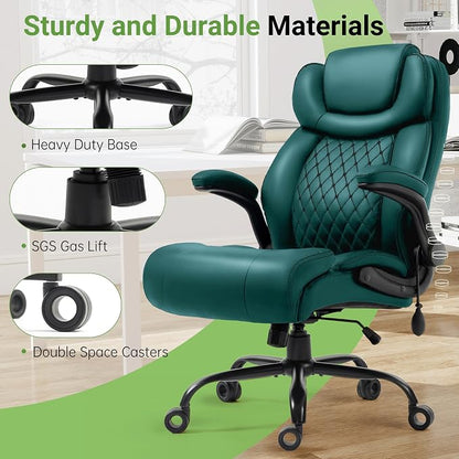 Office Chair, Big and Tall Executive Chairs with Lumbar Support for Back Pain,Breathable Desk Computer Chair with Adjustable Flip-up Armrests,Wide Cushion Swivel Home Office Chair Green PU