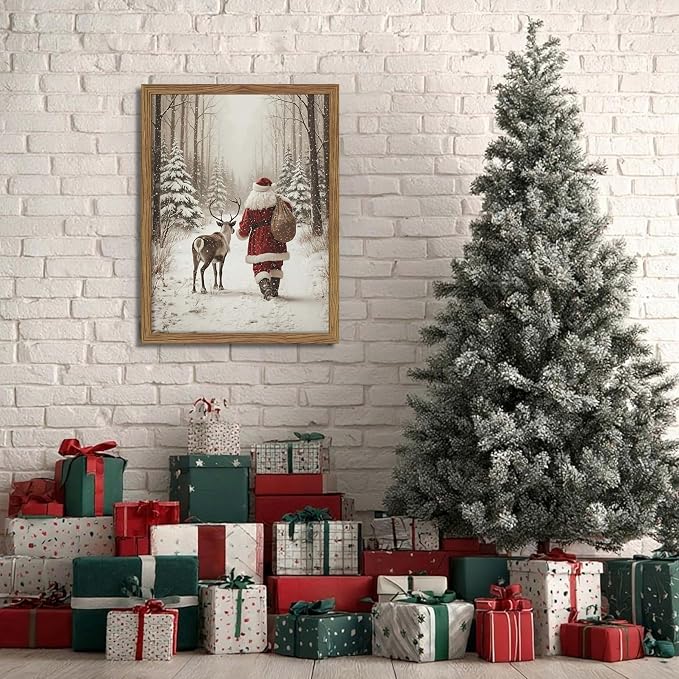 Framed Christmas Pictures Wall Decor, Santa Reindeer Winter Wall Art, Rustic Canvas Christmas Print, Winter Holidays Decor, Vintage Christmas Decorations Painting for Bedroom Living Room – 12x16in