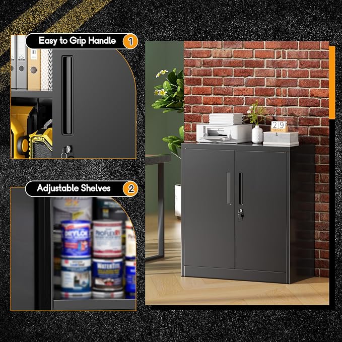 Greenvelly Metal Garage Storage Cabinet,36" Black Lockable Metal Cabinets with 2 Doors and Shelves,Storage Locking Counter Cabinet for Home Office,Garage,Kitchen,School