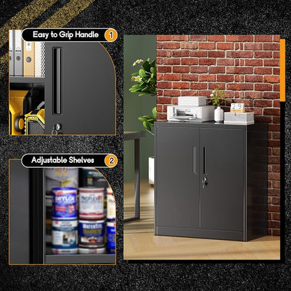 Greenvelly Metal Garage Storage Cabinet,36" Black Lockable Metal Cabinets with 2 Doors and Shelves,Storage Locking Counter Cabinet for Home Office,Garage,Kitchen,School