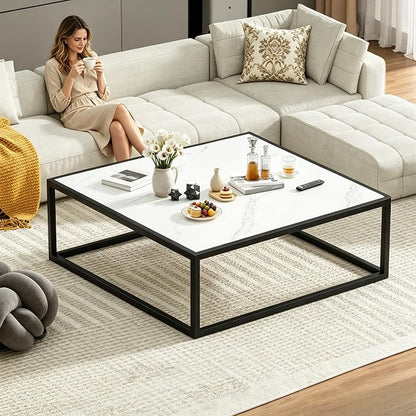 31.5" Square Coffee Table, Mid-Century Modern White Center Table for Living Room, Floor Table for Sitting on The Floor, Wood Cocktail Tea Contemporary Tables with Metal Frame for Office Apartment Home