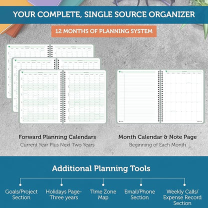 Planner Pad Spiral Bound January-December 2026/ Calendar Year 8 1/2" x 11" Large 3-Tier Funnel Down 12 Month Organizer, Greenish Grey Cover/Soft Green Ink