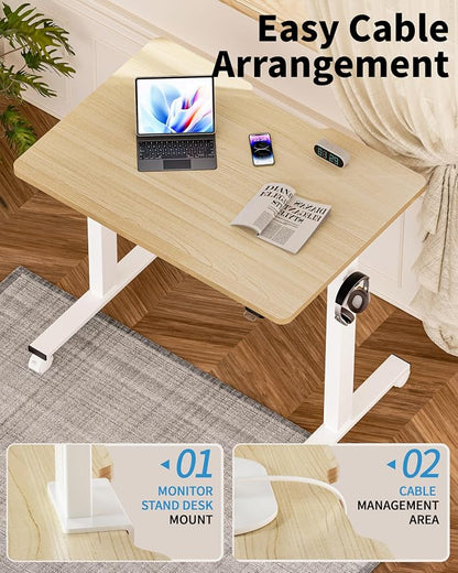 Okin Small Electric Standing Desk, 36" x 24" Whole Piece Height Adjustable Desk, Oak Sit to Stand Computer Workstation with Wheels for Home Office