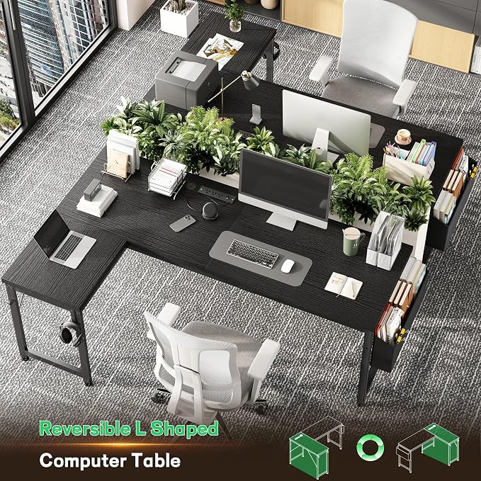 DurayLoly 63" Larger L Shaped Desk for 2 Monitors or 2 Laptops, Reversible Computer Desk with Power Outlets and USB-C Port, Gaming Desk with LED, 0.95" Thicker Office Corner desk for Study, Work Black