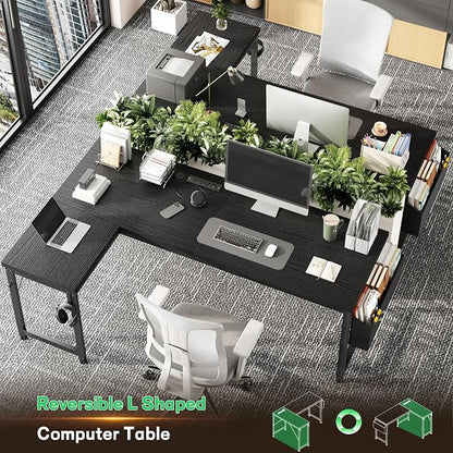 DurayLoly 63" Larger L Shaped Desk for 2 Monitors or 2 Laptops, Reversible Computer Desk with Power Outlets and USB-C Port, Gaming Desk with LED, 0.95" Thicker Office Corner desk for Study, Work Black