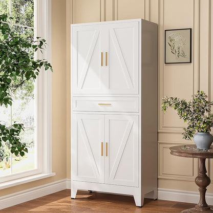 Metal Storage Cabinets with Drawer, 71" Filing Cabinet with 4 Adjustable Shelves & 4 Doors, Modern Abstract Rhombus Geometric Design File Cabinet for Home,Office,Garage,Shop,School, White