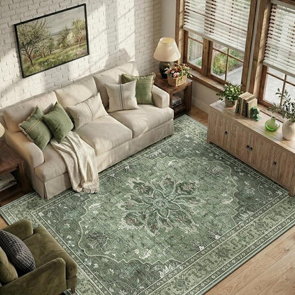 RELEANY Area Rugs 6'x8' Washable Non-Slip, Floral Vintage Distress Medallion Carpet for Living Room Bedroom Dining Room, Dark Green Gray