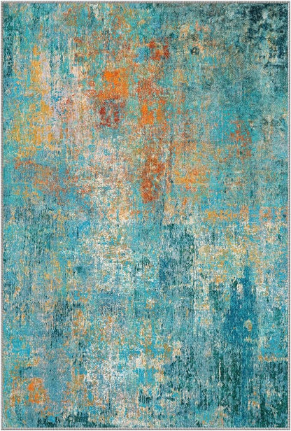 RELEANY Washable Area Rugs 7'x9' Non-Slip Modern Abstract Soft for Living Room Entryway Bedroom Kitchen, Print Pattern, Teal Blue Green Orange Rust Red Coloreful