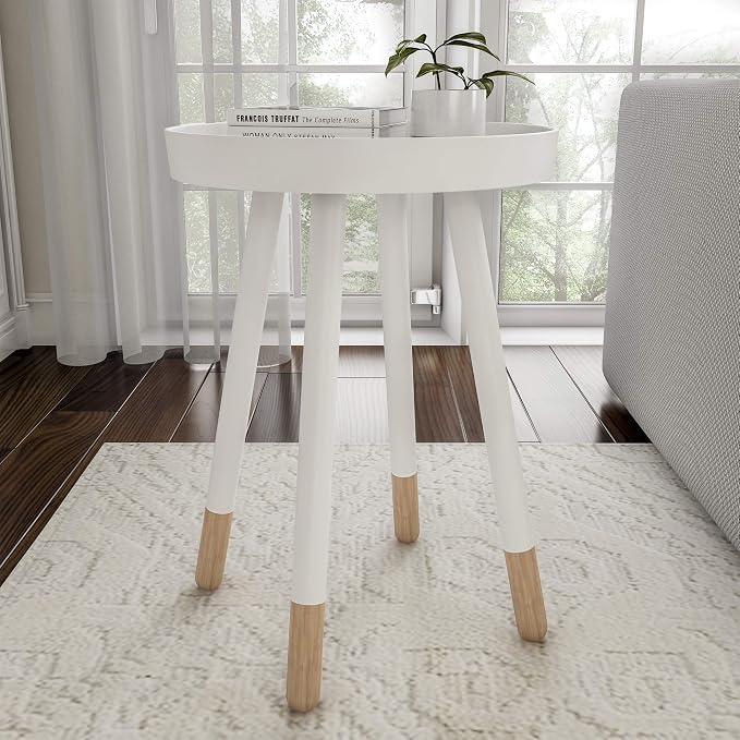 Lavish Home Round End Table – 2-Tone Mid-Century Modern Home Accent Table with Tray Top for Living Room, Bedroom, or Office (White)