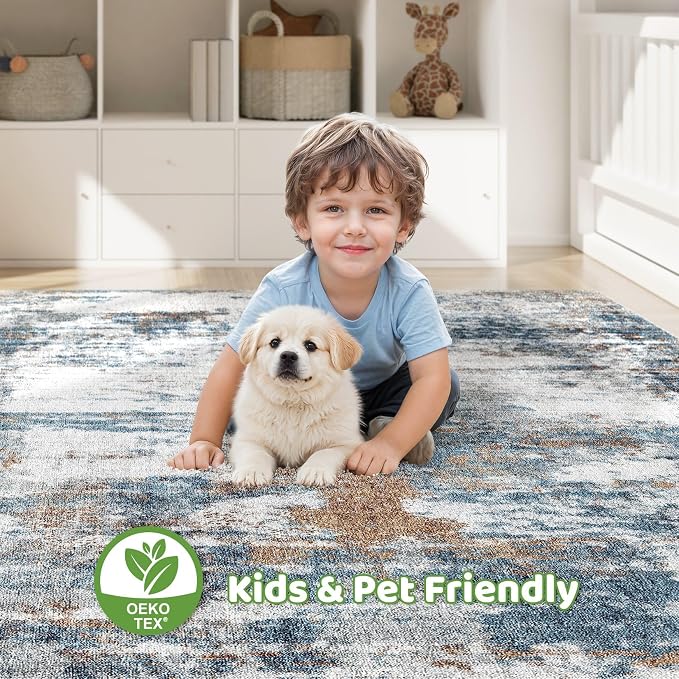 5x7 Area Rugs Living Room: Washable Large Abstract Neutral Modern Soft Rug Stain Resistant Indoor Floor Non-Slip Accent Carpet for Bedroom Nursery Playroom Dining Room Office Dorm Home- Rust Cyan