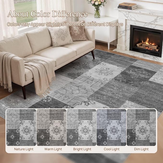 UERMEI 6x9 Area Rug for Living Room - Washable Vintage Carpet, Non-Slip Soft Large Indoor Floor Rugs for Bedroom Home Office & Under Dining Table Decor, Gray Block