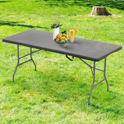 FDW Folding Table Half Portable Foldable Table for Parties Backyard Events (Black Ratten, 6 FT)
