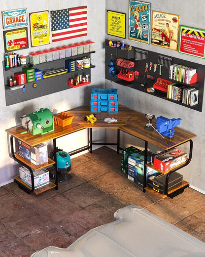 Teraves Modern L Shaped Desk with Shelves,64.84" Computer/Gaming Desk for Home Office,Corner Desk with Desktop (Teak+Black Frame, Large+4 Tier Shelves)