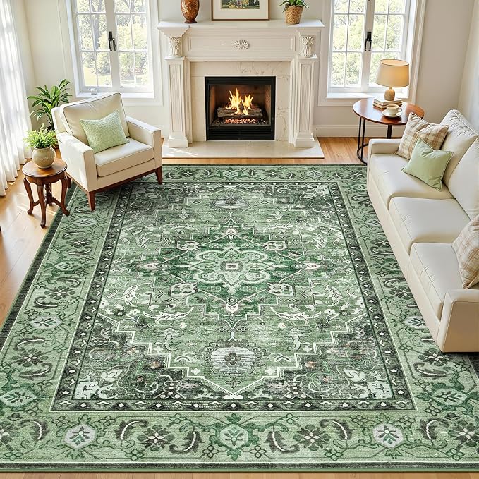 Lofus 8x10 Washable Rugs Non-Slip, Vintage Floral Area Rug for Living Room Bedroom Dining Room Kitchen, Low Pile Distress Print Medallion Carpet Home Decor Rug, Floral Sage Green
