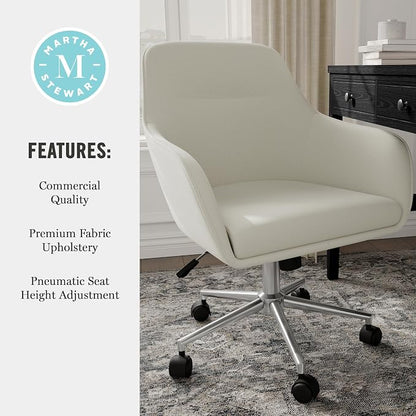 Martha Stewart Rayna Swivel Task Chair with Flared Arms for Home Office in Light Gray Fabric with Polished Nickel Frame