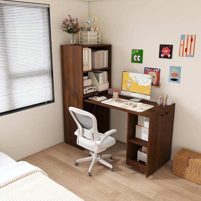 Foldable Wall Mounted Desk with Storage Shelves & Blackboard, Fold-Out Convertible Writing Table for Small Spaces | Space-Saving Floating Computer Desk for Home Office (Walnut)