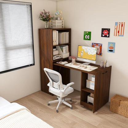 KEIKI Home Office Stretchable Desks with Storage Shelves and Mobile Wheels, Modern Wood Foldable Desk Gaming Computer Corner Table for Apartments Work, Study, Writing