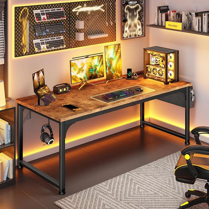 DurayLoly 63 x 24 inch Large Computer Desk, 24mm Thick Desktop with Power Outlets, RGB LED, Office Desk with Detachable Stand, 150LBS Heavy Duty, Spacious Desk for Multi-Tasking Workers, Brown