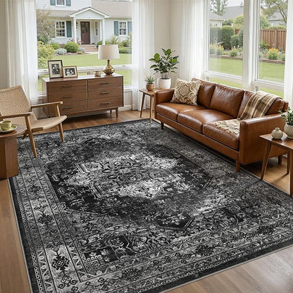 UERMEI 10x14 Area Rug Living Room Rugs - Washable Vintage Soft Large Rug Indoor Floor No Slip Rug Carpet for Bedroom Farmhouse Under Dining Table Home Office Decor - Black