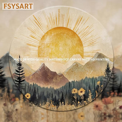 Framed Vintage Sunrise Mountain Landscape Wall Art, Golden Sunburst Meadow Forest Canvas Print, Retro Wildflower Nature Artwork, Rustic Boho Wall Decor for Living Room Bedroom Office 16x24in