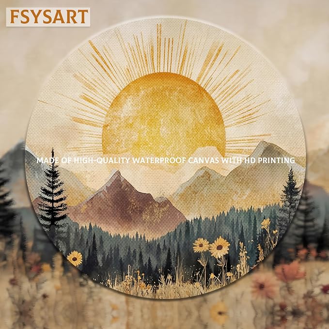 Framed Vintage Sunrise Mountain Landscape Wall Art, Golden Sunburst Meadow Forest Canvas Print, Retro Wildflower Nature Artwork, Rustic Boho Wall Decor for Living Room Bedroom Office 12x16in