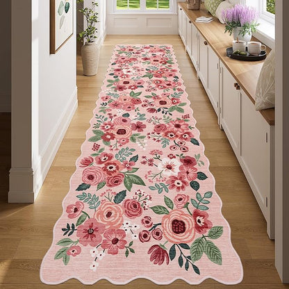 DUKINO Washable Runner Rug, 2x7 Lightweight Soft Floral Hallway Rug Runner with Low Pile Design, Non Shedding & Non Slip Backing Thin Indoor Carpet for Bedroom, Bathroom, Entrance, Kitchen, Pink