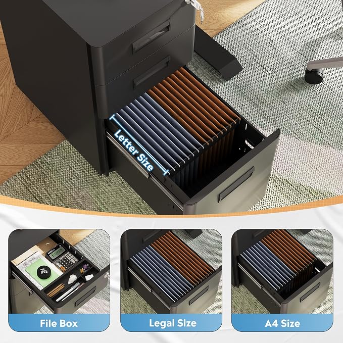 DEVAISE 3 Drawer File Cabinet with Lock, Under Desk Metal Filing Cabinet with Wheels for Home Office Organizer Letter/Legal/A4, Fully Assembled Except Casters, Black