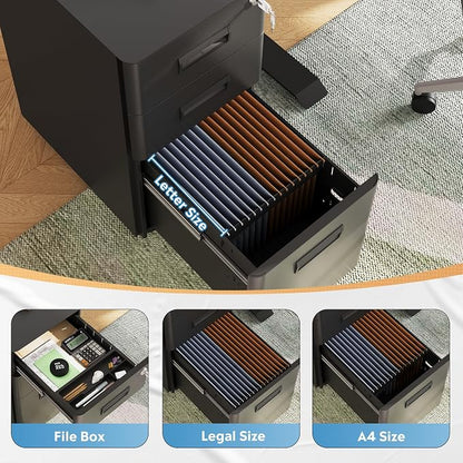 DEVAISE 3 Drawer File Cabinet with Lock, Under Desk Metal Filing Cabinet with Wheels for Home Office Organizer Letter/Legal/A4, Fully Assembled Except Casters, Black