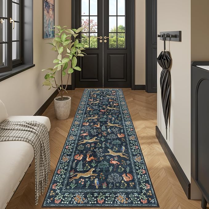 DUKINO 2x10 Rug for Hallway, Washable Kitchen Runner Rug with Non Slip Backing, Soft Low Pile Vintage Animal Runner for Bedroom, Kitchen, Hallway, Entryway, Laundry, Navy Blue