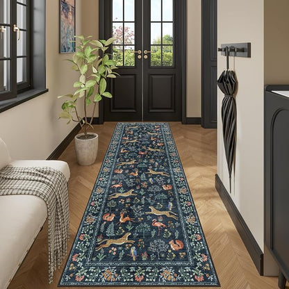DUKINO 2x12 Washable Runner Rug, Ultra Soft Vintage Animal Runner Rug for Hallway, Lightweight Non Slip & Non Shedding Long Carpet for Kitchen, Laundry Room, Bathroom, Bedroom, Entrance, Navy Blue