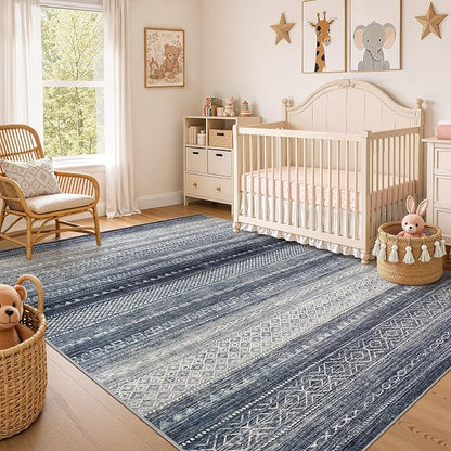 6x8 Area Rugs Living Room: Washable Boho Large Neutral Soft Rug Modern Stain Resistant Moroccan Indoor Non Slip Floor Carpet for Bedroom Nursery Kids Playroom Office Dining Room Dorm- Blue