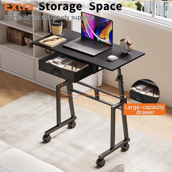 Adjustable Height Standing Desk with Drawer, Rolling Sit to Stand Up Desk with Wheels Height 31.5"-43.3" Small Mobile Laptop Standing Desk for Treadmill Walking Pad, Movable Classroom Podium (Black)