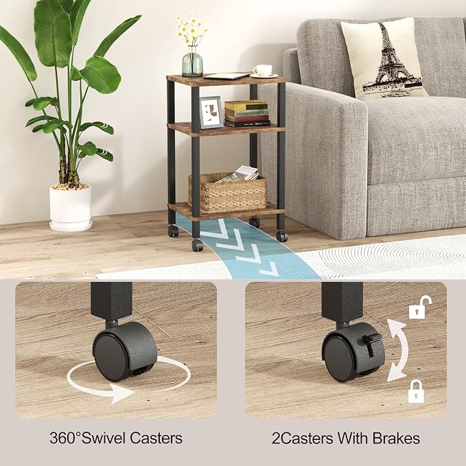 3-Tier Printer Stand with Storage, Mobile Printer Cart with Rolling Casters & Adjustable Feet, Under Desk Storage Shelf for Home Office, Small Printers,Rustic Brown, 15.7" x 11.8" x 25.9"