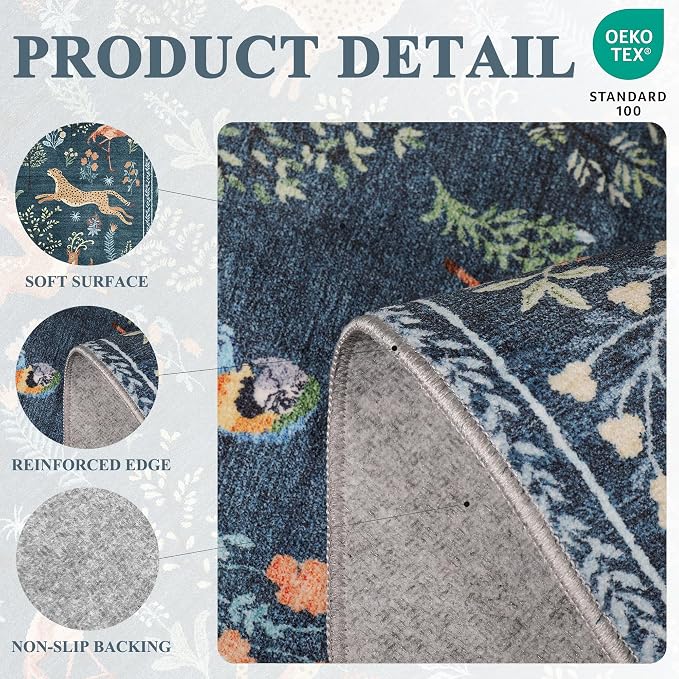 DUKINO 2x10 Rug for Hallway, Washable Kitchen Runner Rug with Non Slip Backing, Soft Low Pile Vintage Animal Runner for Bedroom, Kitchen, Hallway, Entryway, Laundry, Blue