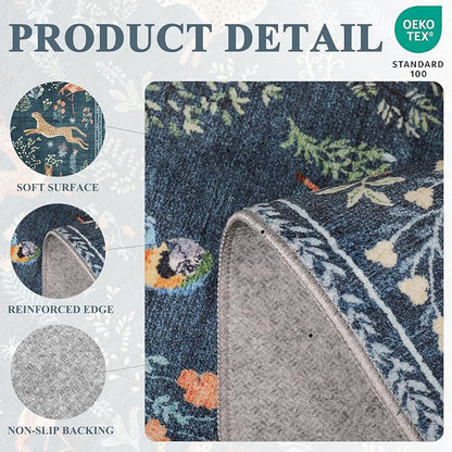 DUKINO 5x7 Rug, Washable Animal Living Room Rug with Non Slip Vintage Design, Soft Low Pile Large Carpet for Bedroom, Nursery, Dining Room, Farmhouse, Playroom, Blue