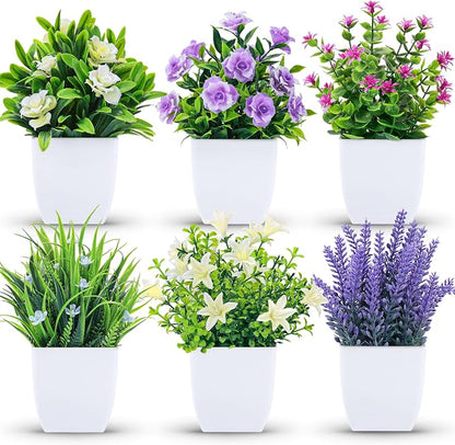 Der Rose 6 Pack Fake Plants Small Artificial Potted Faux Plants with Flowers for Home Bathroom Living Room Office Decor Indoor