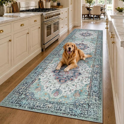 RELEANY Area Rugs Runner 3'x10' Washable Non-Slip, Floral Vintage Distress Medallion Carpet for Kitchen Hallway Bedroom Beside Laundry Room Bathroom, Green Navy Blue White Red Teal