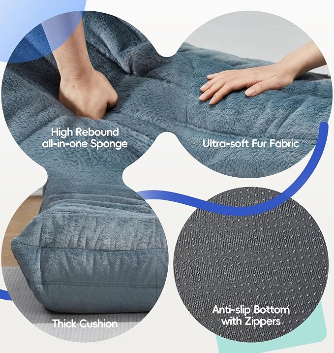 Hobestluk Small Bean Bag Chair Faux Fur Fabric BeanBag Couch for Playroom | Bluegrey Plush,Ergonomic Design,Memory Foam,Strong Supportive,No Assembly Required,Decorative Style for Living Room Bedroom