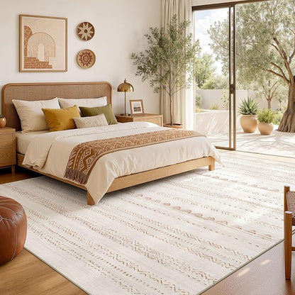 Nakagishi Area Rug Living Room Rugs: 6x10 Large Soft Machine Washable Boho Moroccan FarmNeutral Stain Resistant Indoor Floor Carpet for Bedroom Under Dining Table Home Office Decor-Cream Brown