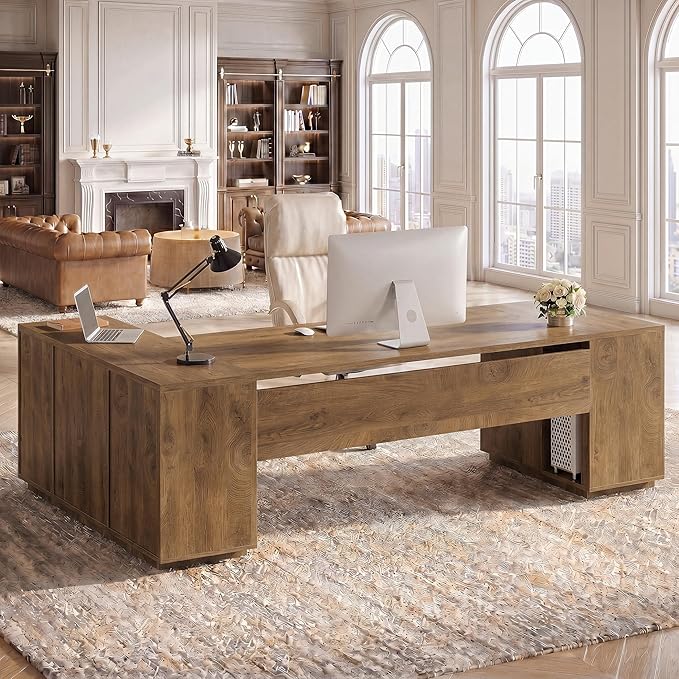 Tribesigns 85.8-Inch L-Shaped Executive Desk with File Drawers, Door Cabinet & Shelves, Extra Large Commercial Office Desk, Modern Professional Office Table, Business Furniture, Natural Oak