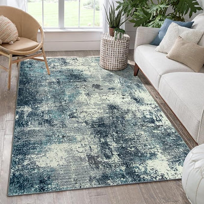 Lahome Abstract 5x7 Area Rugs for Living Room, Machine Washable Ultra Thin Bedroom Rug Non-Slip, Low-Pile Soft Modern Blue Grey Indoor Large Floor Carpet for Office Dining Room Playroom