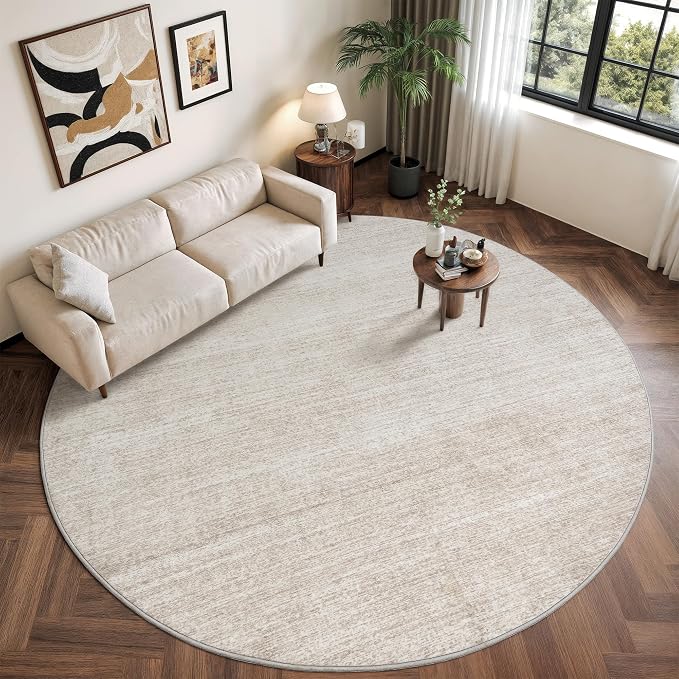 Valenrug Washable Round Area Rugs 8x8 - Stain Resistant 8ft Round Rugs for Living Room, Non Slip Backing Printed Rugs for Bedroom, Folable Machine Washable Area Rug (8ft, Beige)