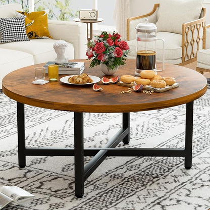 Coffee Table, 31.5" Large Coffee Tables, Brown Round Coffee Tables for Living Room, Floor Table for Sitting on The Floor, Center Coffee Table with Metal Frame for Office Apartment Home