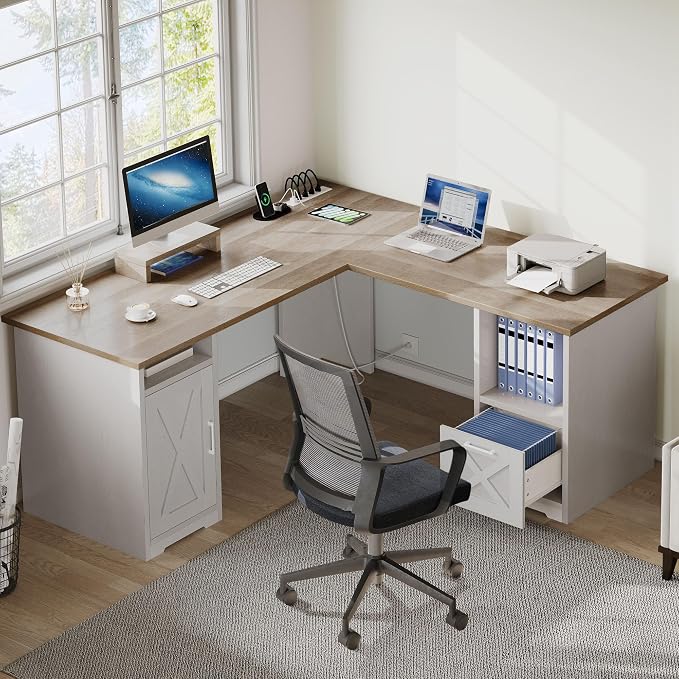 YITAHOME L Shaped Desk with Power Outlets, 60 Inch Computer Desk Corner Desk with File Drawer, Home Office Desk with Monitor Stand & Storage Shelves, L-Shaped Desk with File Cabinet, Grey Wash