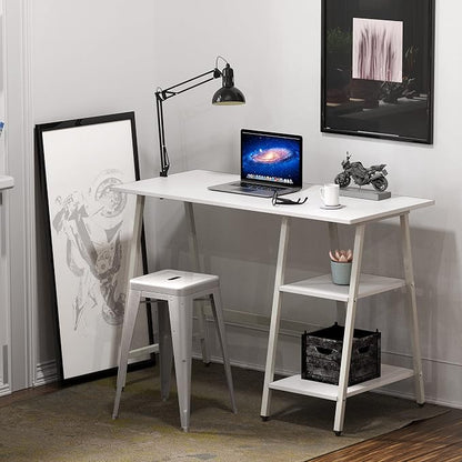 SHW 43-Inch Home Office Trestle Computer Desk with Open Storage Shelves, White
